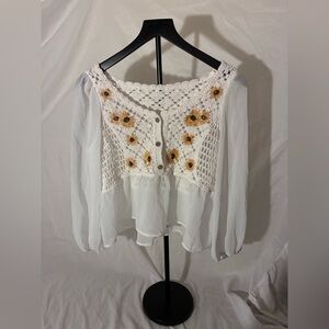 Sunflower Embroider Crotchet Chiffon Sleeve Blouse